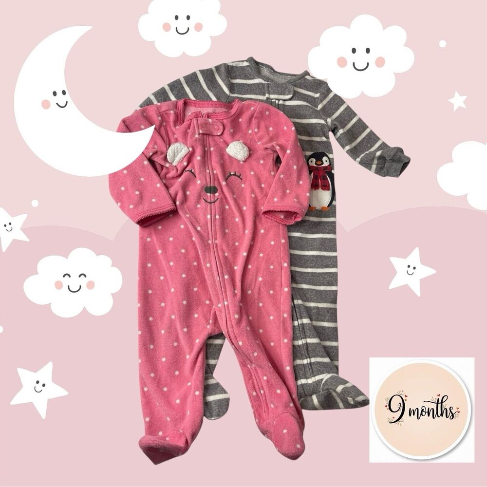 Carter One Piece Footie Pjs Pajamas Set Of 2 Pink Spotted Bear Gray Penguin